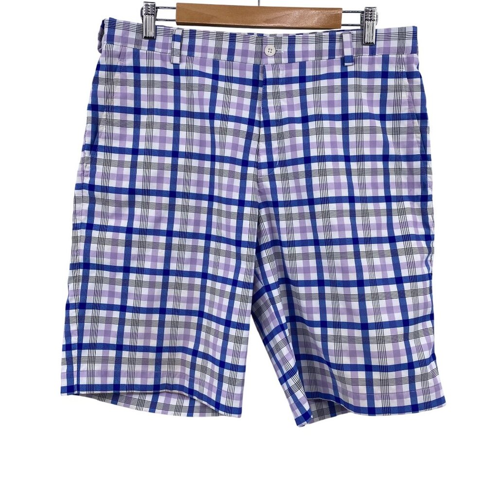 Nike Golf Men's plaid shorts size 33 dri fit white purple blue stretch